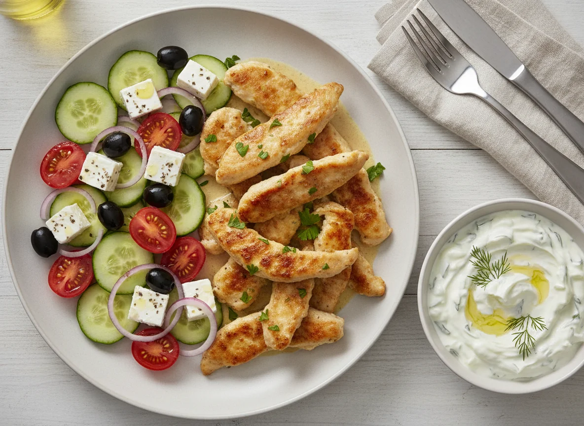 Hähnchen-Geschnetzeltes mit griechischem Salat und Tzatziki photo
