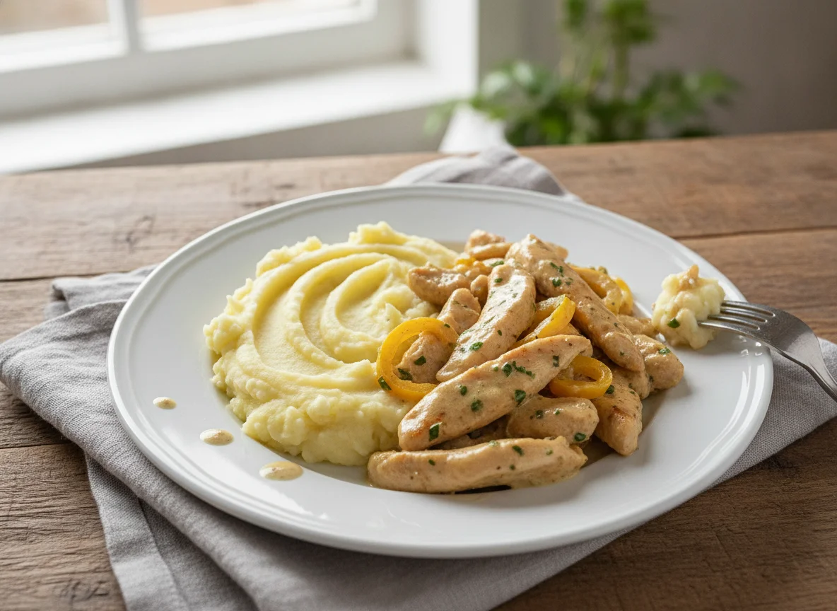 Hähnchengeschnetzeltes mit Kartoffelbrei photo