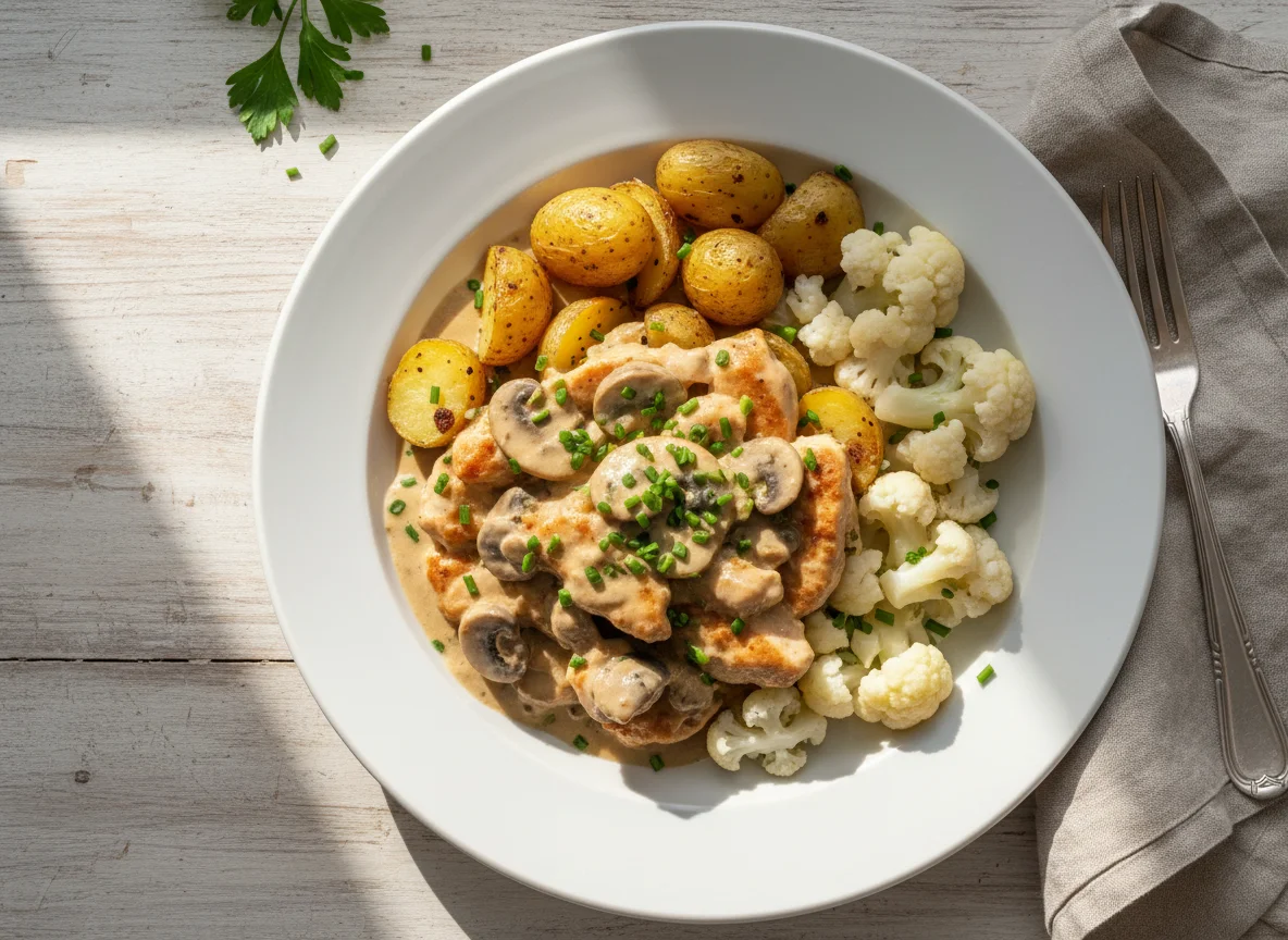 Hähnchengeschnetzeltes mit Kartoffeln und Blumenkohl photo