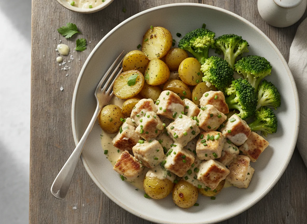 Hähnchengeschnetzeltes mit Kartoffeln und Brokkoli photo