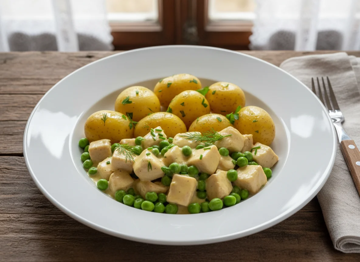 Hähnchengeschnetzeltes mit Kartoffeln und Erbsen photo