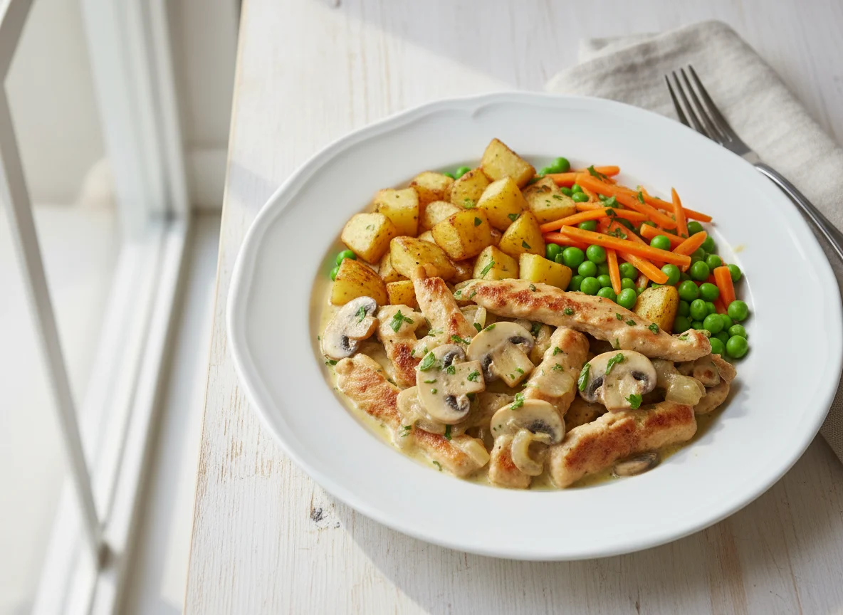 Hähnchengeschnetzeltes mit Kartoffeln und Gemüse photo