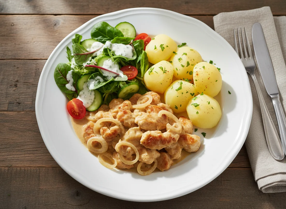 Hähnchengeschnetzeltes mit Kartoffeln und Salat photo