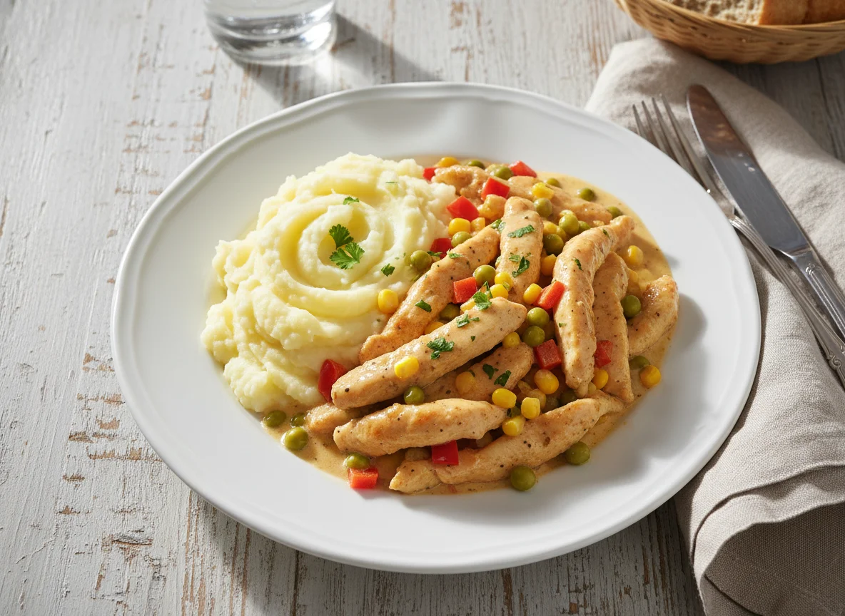 Hähnchengeschnetzeltes mit Kartoffelpüree und Gemüse photo