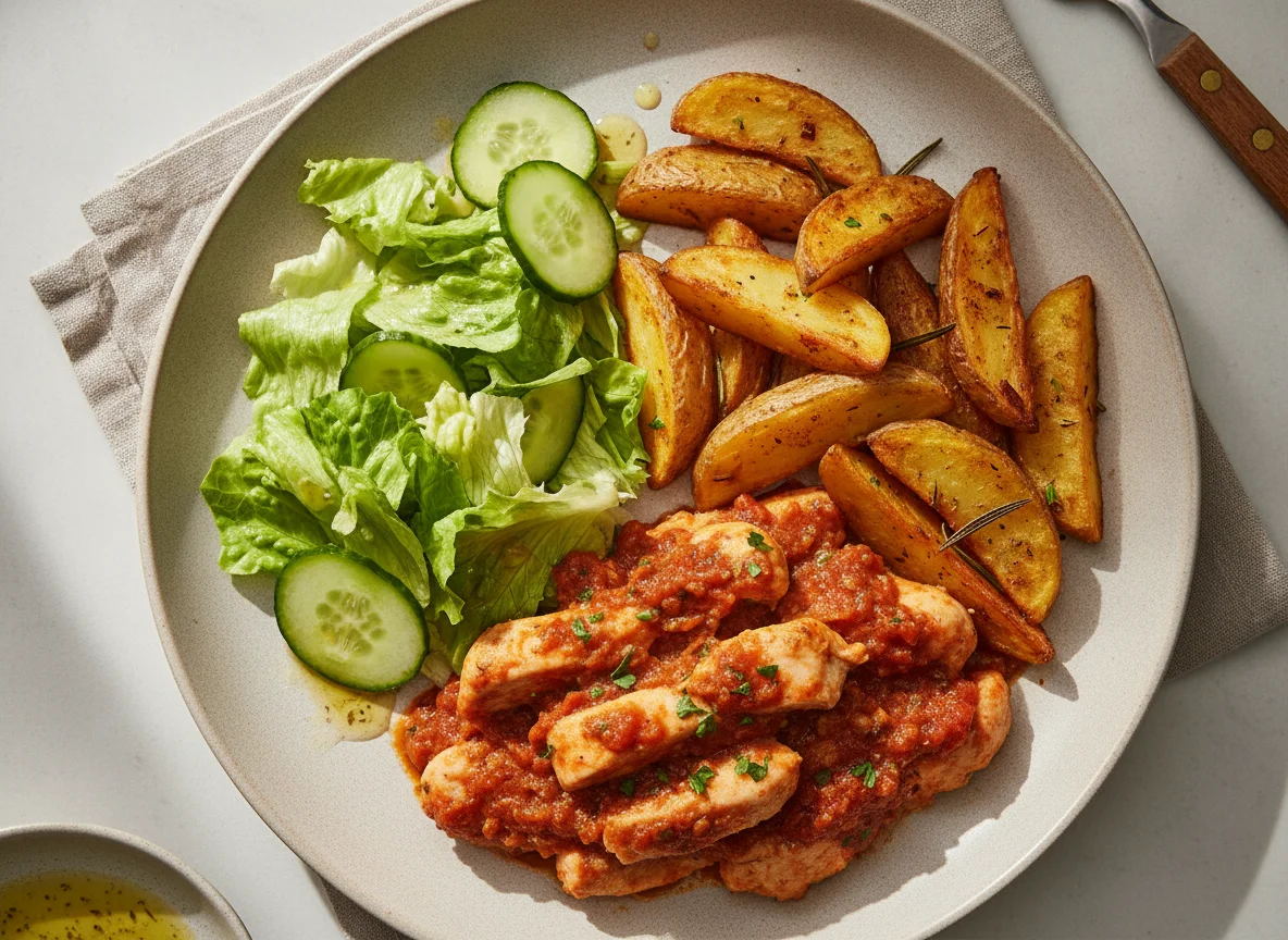 Hähnchengeschnetzeltes mit Kartoffelspalten und Beilagensalat photo
