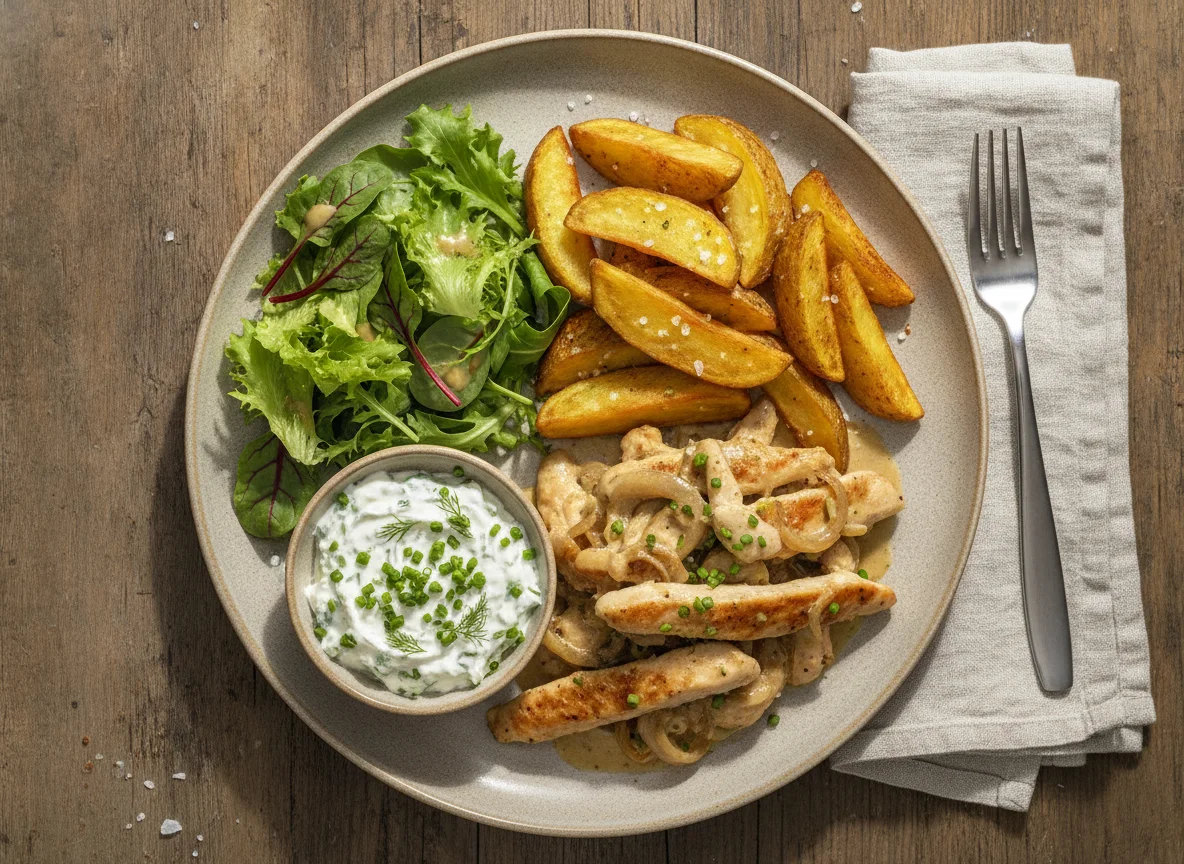 Hähnchengeschnetzeltes mit Kartoffelspalten und Kräuterquark photo