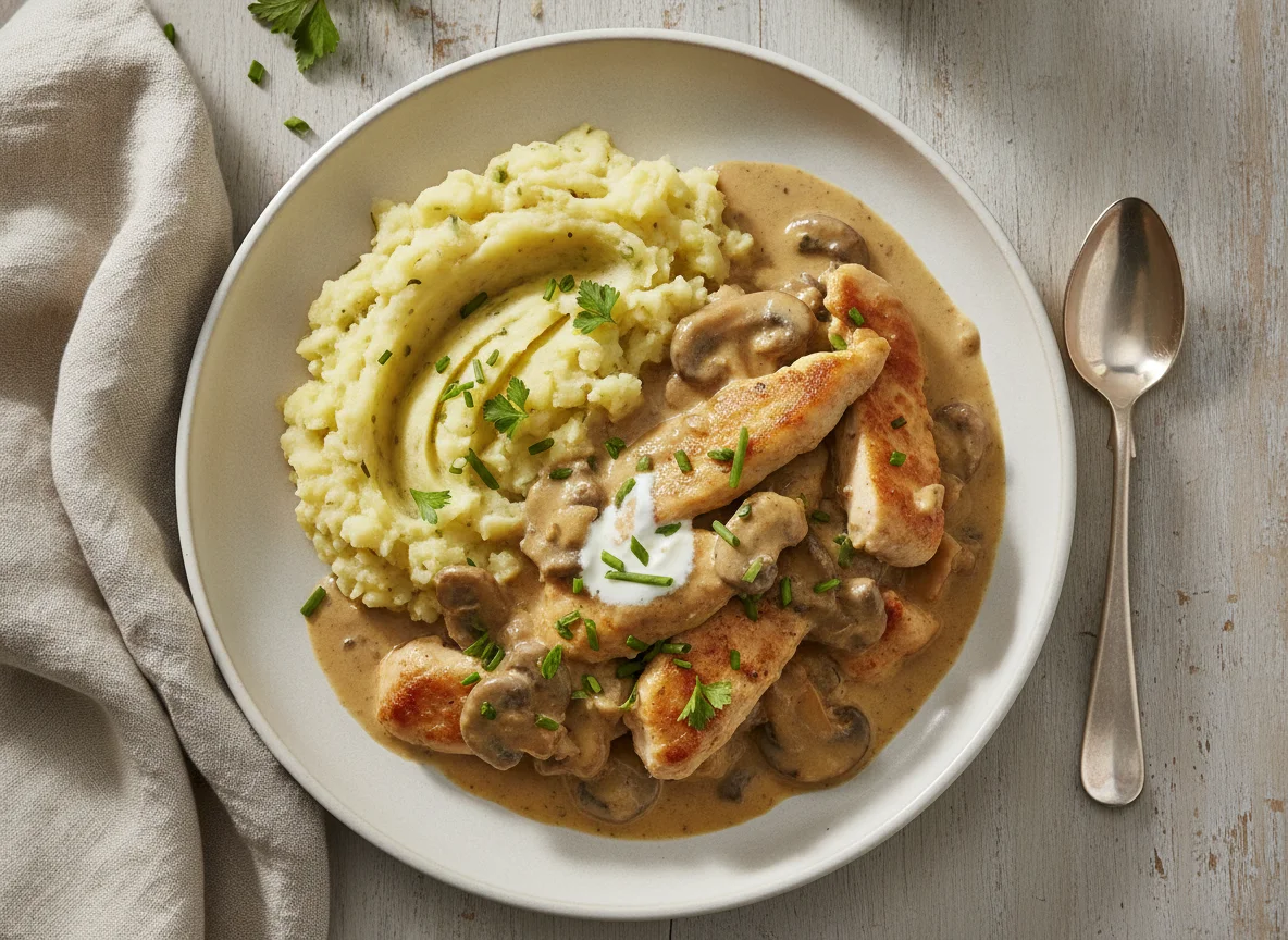 Hähnchengeschnetzeltes mit Kartoffelstampf photo