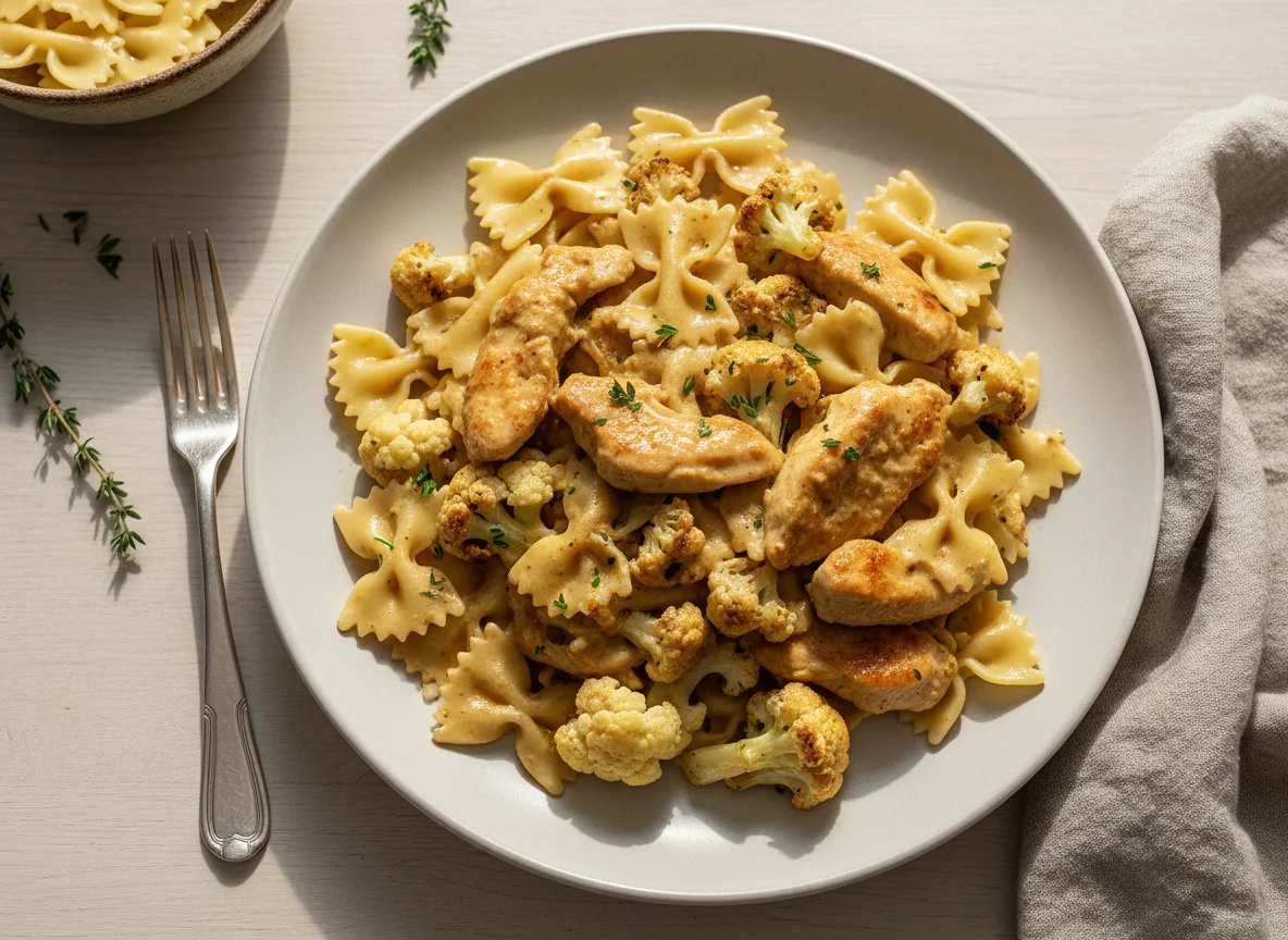Hähnchengeschnetzeltes mit Nudeln und Blumenkohl photo