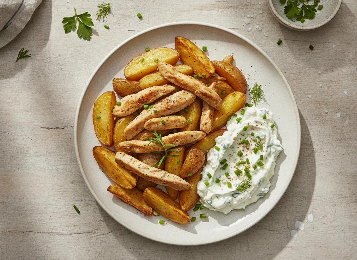 Hähnchengeschnetzeltes mit Ofenkartoffeln und Kräuterquark photo