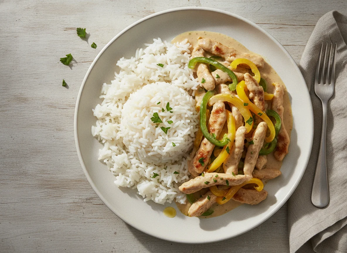 Hähnchen-Geschnetzeltes mit Paprika und Reis photo