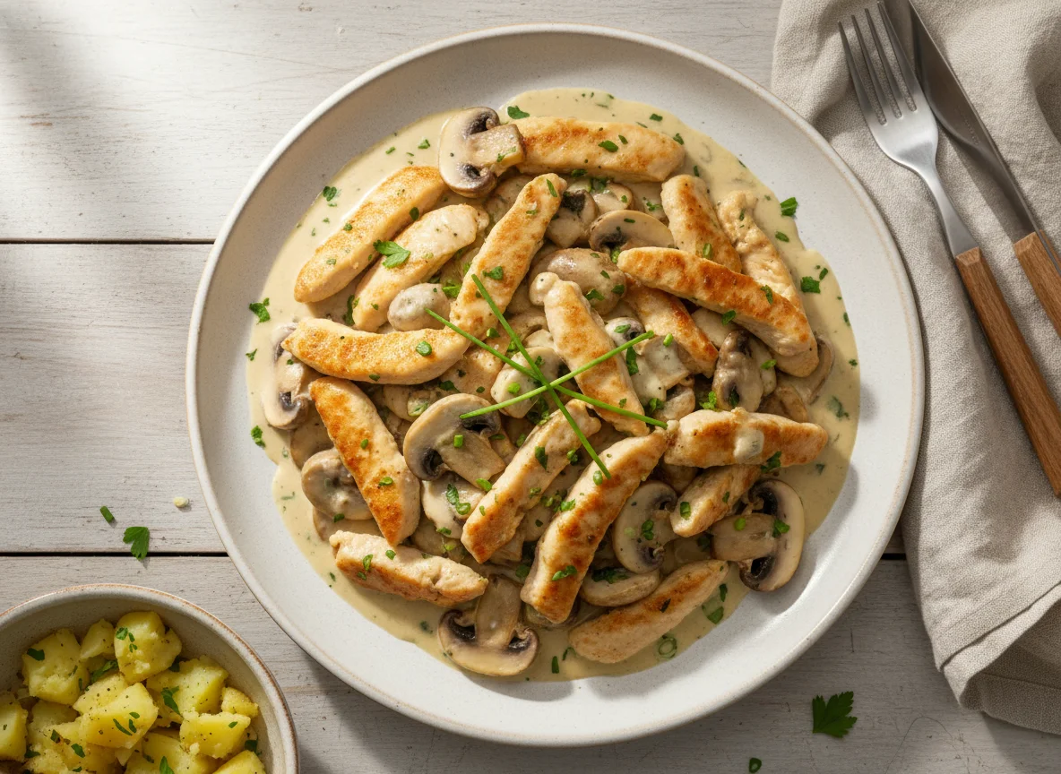 Hähnchengeschnetzeltes mit Pilzen in Rahmsauce photo