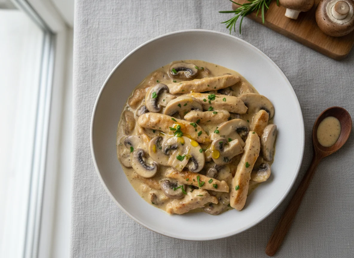 Hähnchen-Geschnetzeltes mit Pilzen in Sahnesauce photo