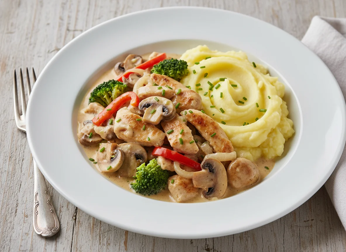 Hähnchengeschnetzeltes mit Pilzen, Paprika, Broccoli und Kartoffelstock photo