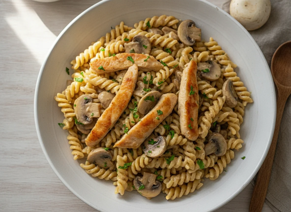 Hähnchen-Geschnetzeltes mit Pilzen und Fusilli photo