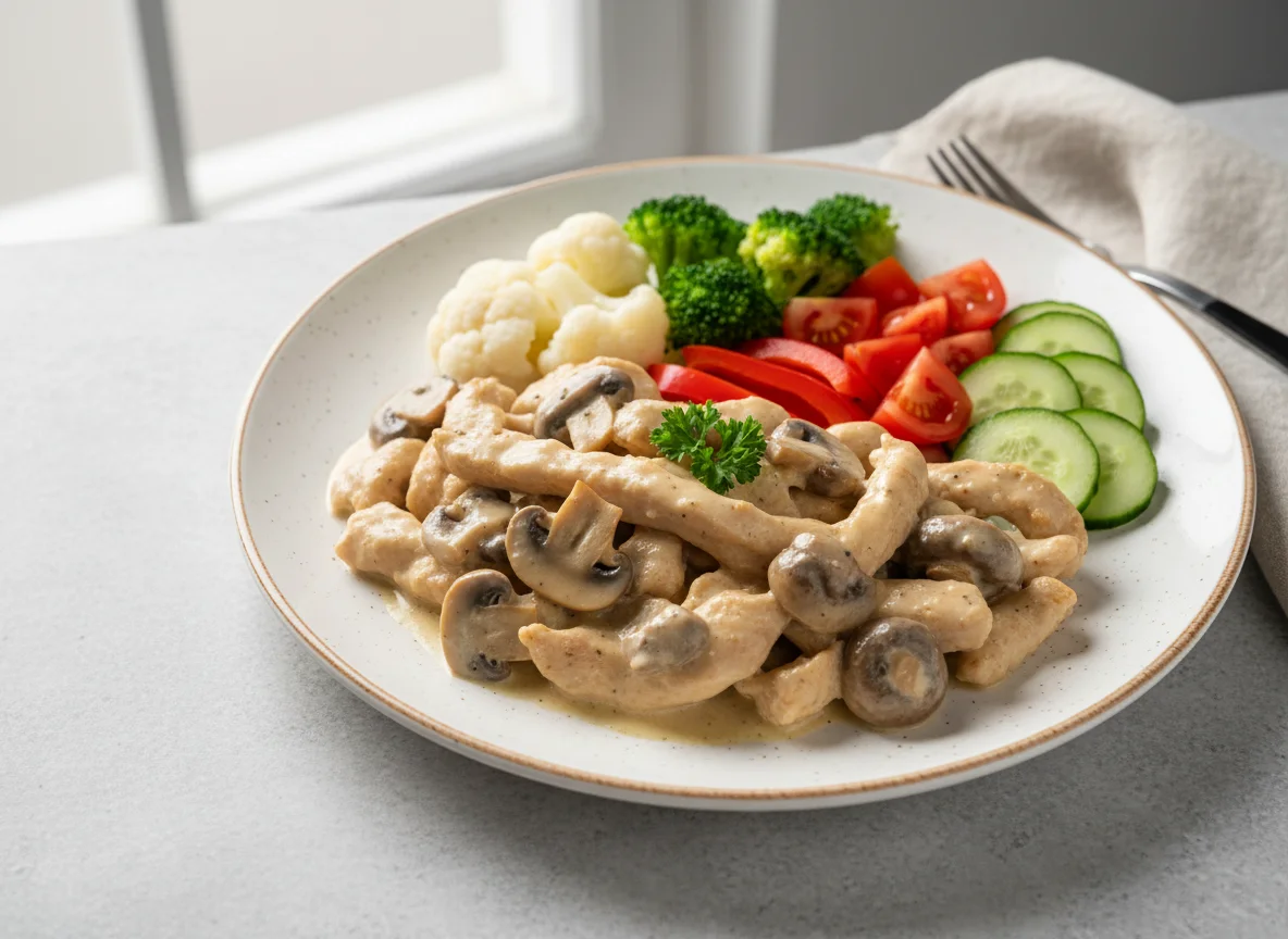 Hähnchengeschnetzeltes mit Pilzen und gemischtem Gemüse photo