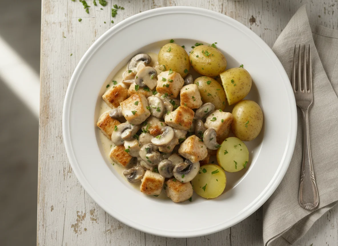 Hähnchengeschnetzeltes mit Pilzen und Kartoffeln photo