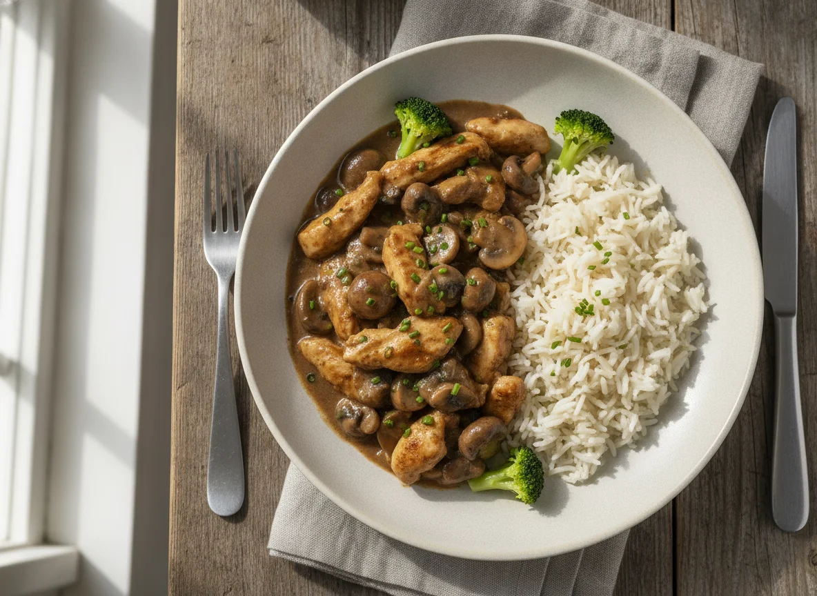 Hähnchen-Geschnetzeltes mit Pilzen und Reis photo