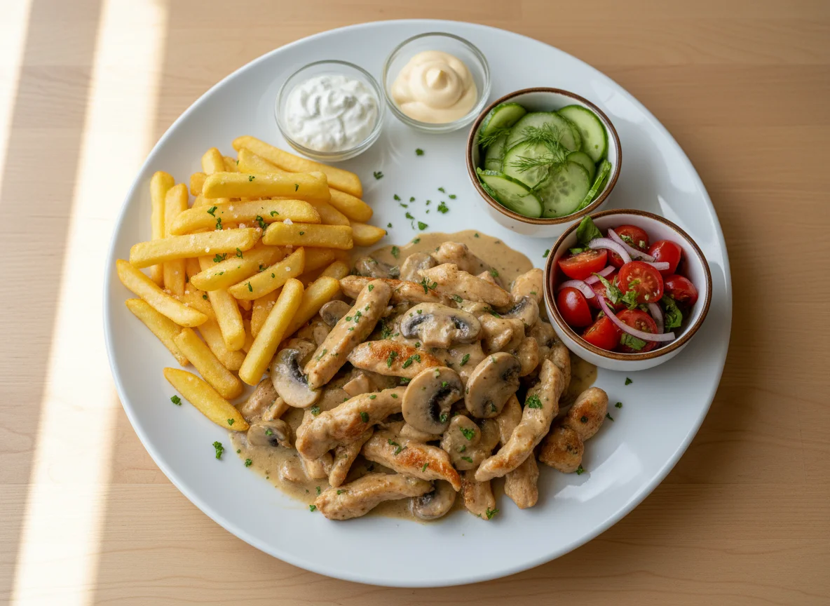 Hähnchengeschnetzeltes mit Pommes, Salat und Saucen photo