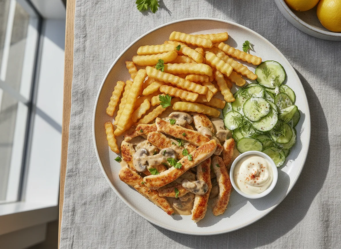 Hähnchengeschnetzeltes mit Pommes und Gurkensalat photo