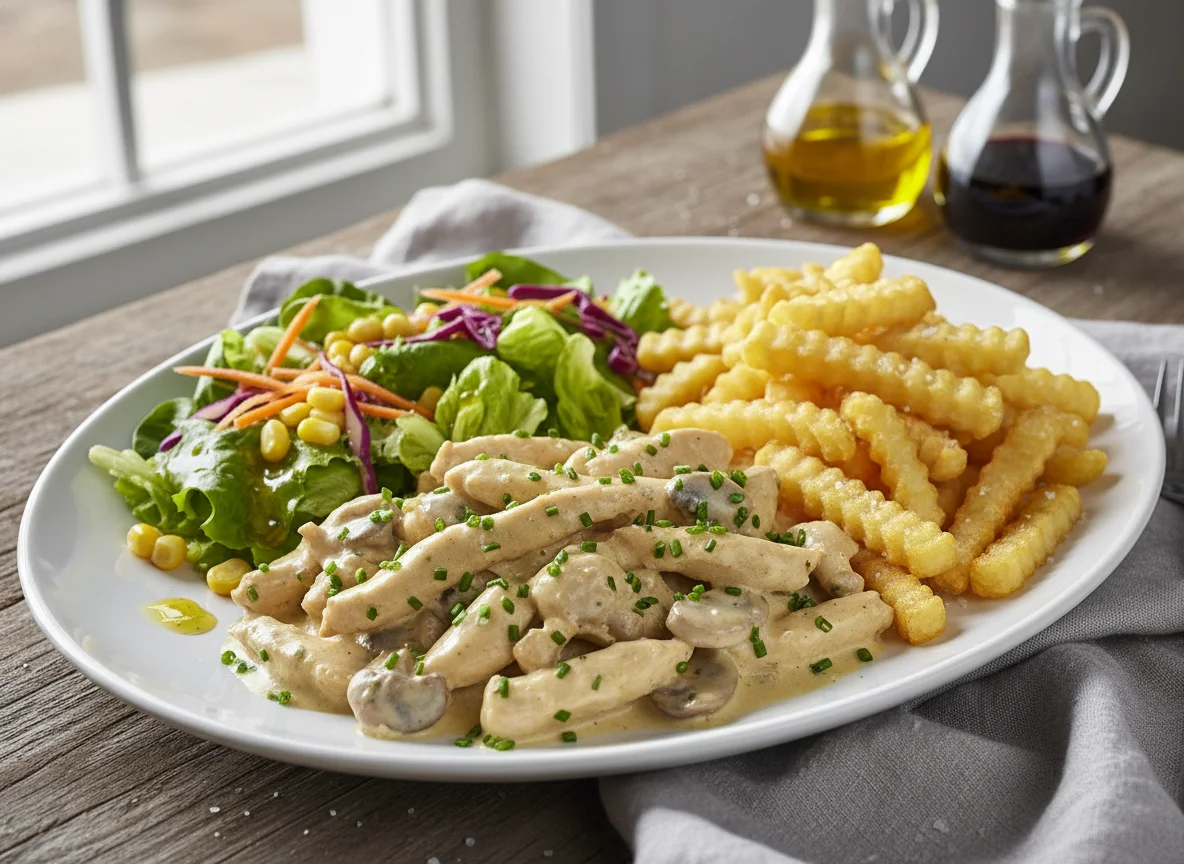 Hähnchengeschnetzeltes mit Pommes und Salat photo