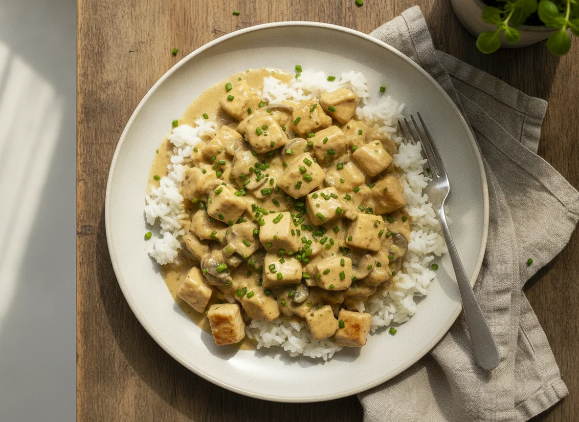 Hähnchen-Geschnetzeltes mit Reis in Sahnesauce photo