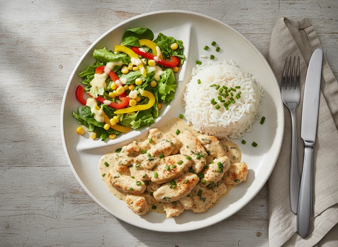 Hähnchen-Geschnetzeltes mit Reis und Beilagensalat photo
