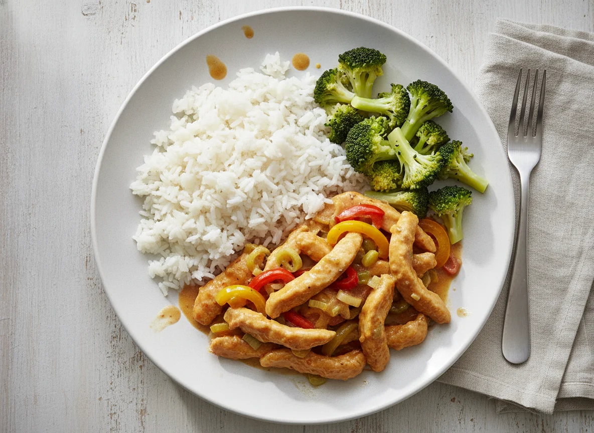 Hähnchen-Geschnetzeltes mit Reis und Brokkoli photo
