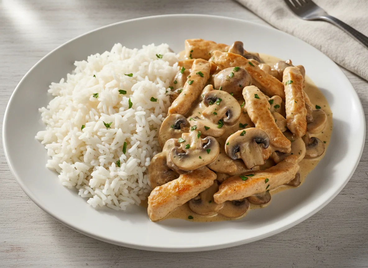 Hähnchen-Geschnetzeltes mit Reis und Champignons photo