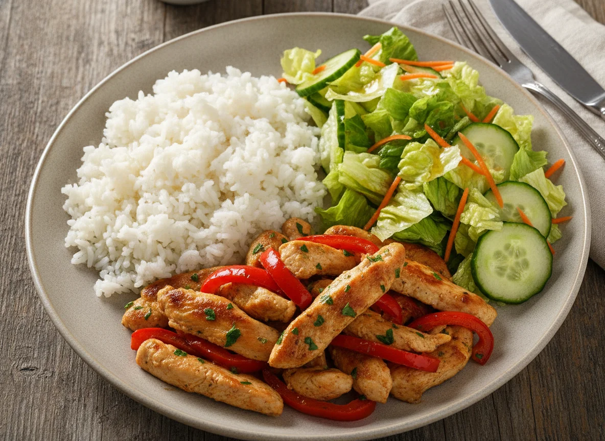 Hähnchengeschnetzeltes mit Reis und gemischtem Salat photo