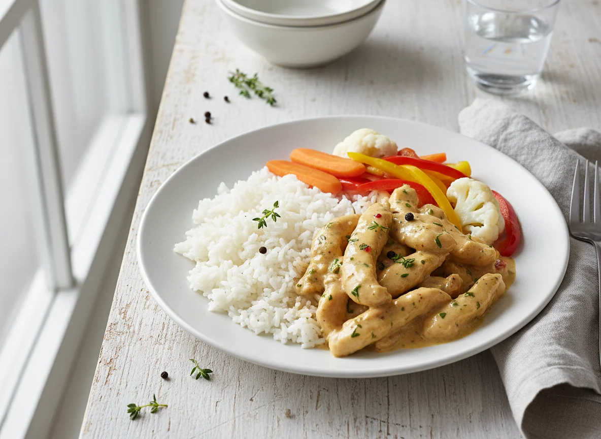 Hähnchengeschnetzeltes mit Reis und Gemüse photo