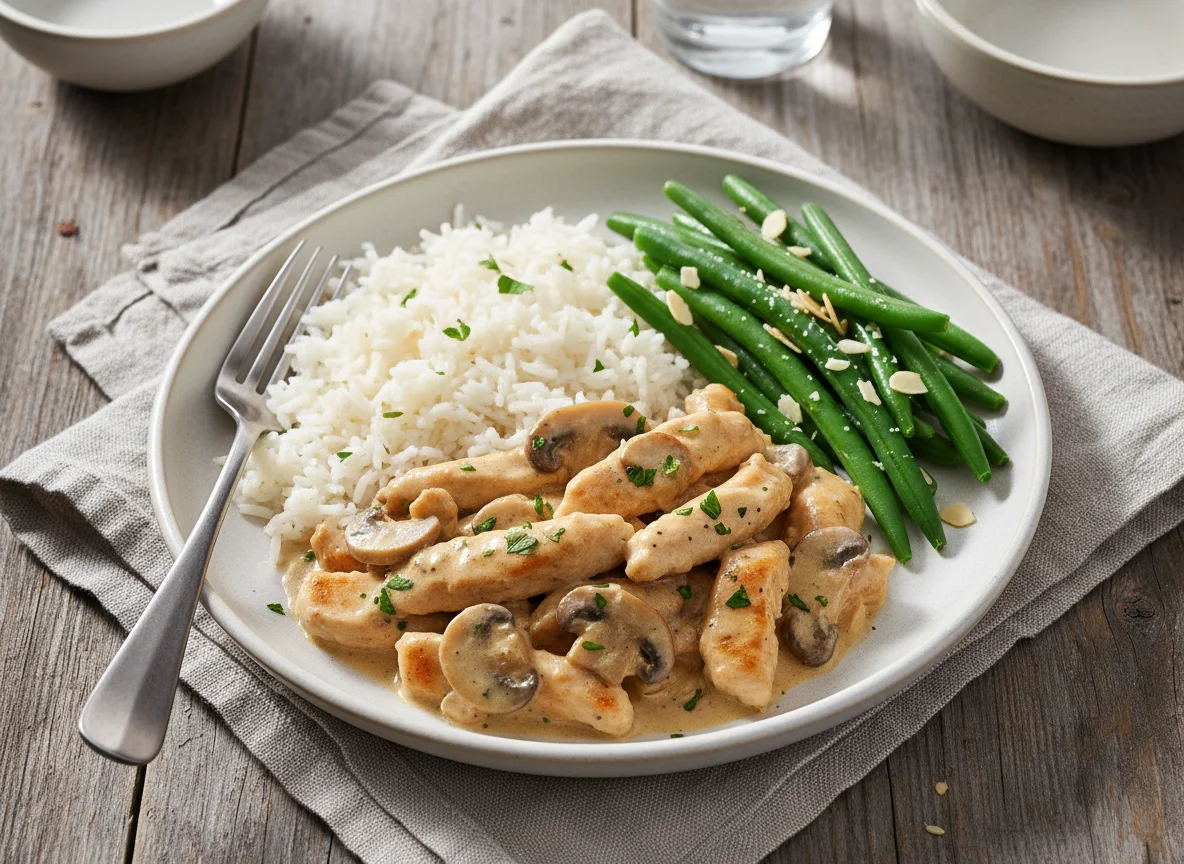 Hähnchengeschnetzeltes mit Reis und grünen Bohnen photo