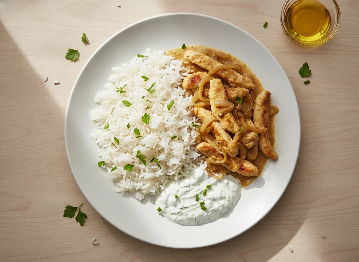 Hähnchengeschnetzeltes mit Reis und Joghurtsauce photo