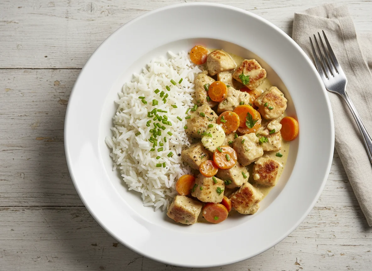 Hähnchengeschnetzeltes mit Reis und Karotten photo