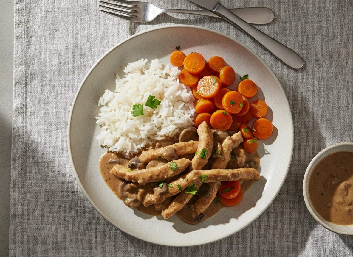 Hähnchen-Geschnetzeltes mit Reis und Karotten photo