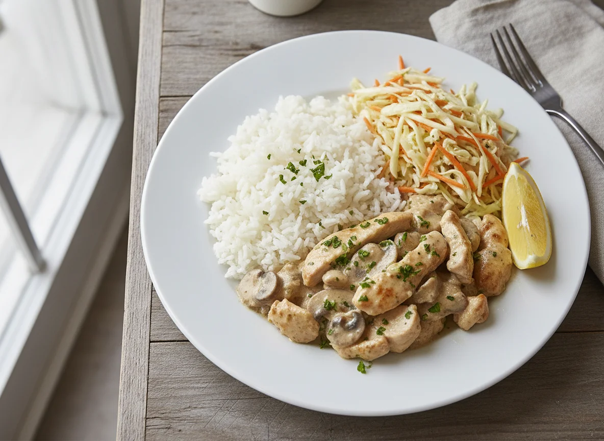 Hähnchengeschnetzeltes mit Reis und Krautsalat photo