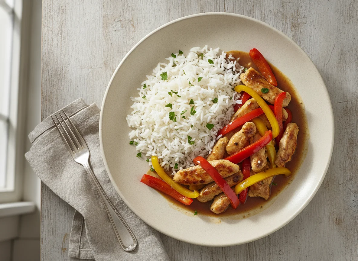 Hähnchen-Geschnetzeltes mit Reis und Paprika photo