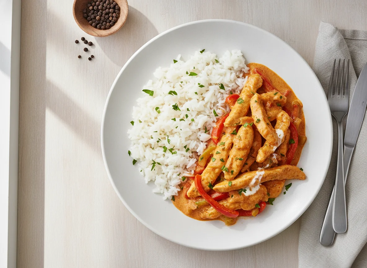 Hähnchen-Geschnetzeltes mit Reis und Paprika-Rahmsauce photo