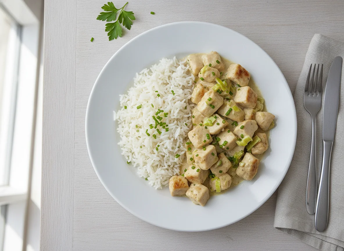Hähnchen-Geschnetzeltes mit Reis und Sahnesauce photo