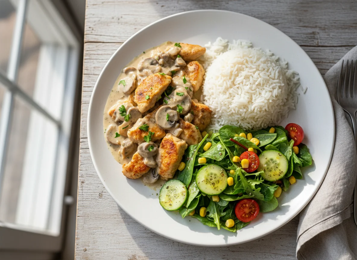 Hähnchengeschnetzeltes mit Reis und Salat photo