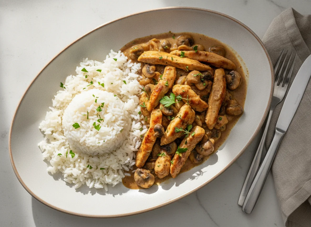 Hähnchengeschnetzeltes mit Reis und Sauce photo