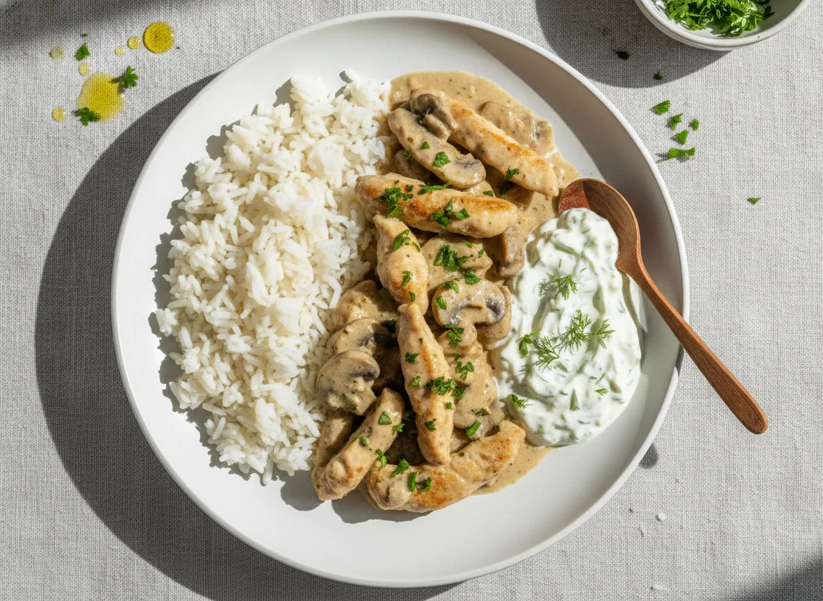 Hähnchen-Geschnetzeltes mit Reis und Tzatziki photo