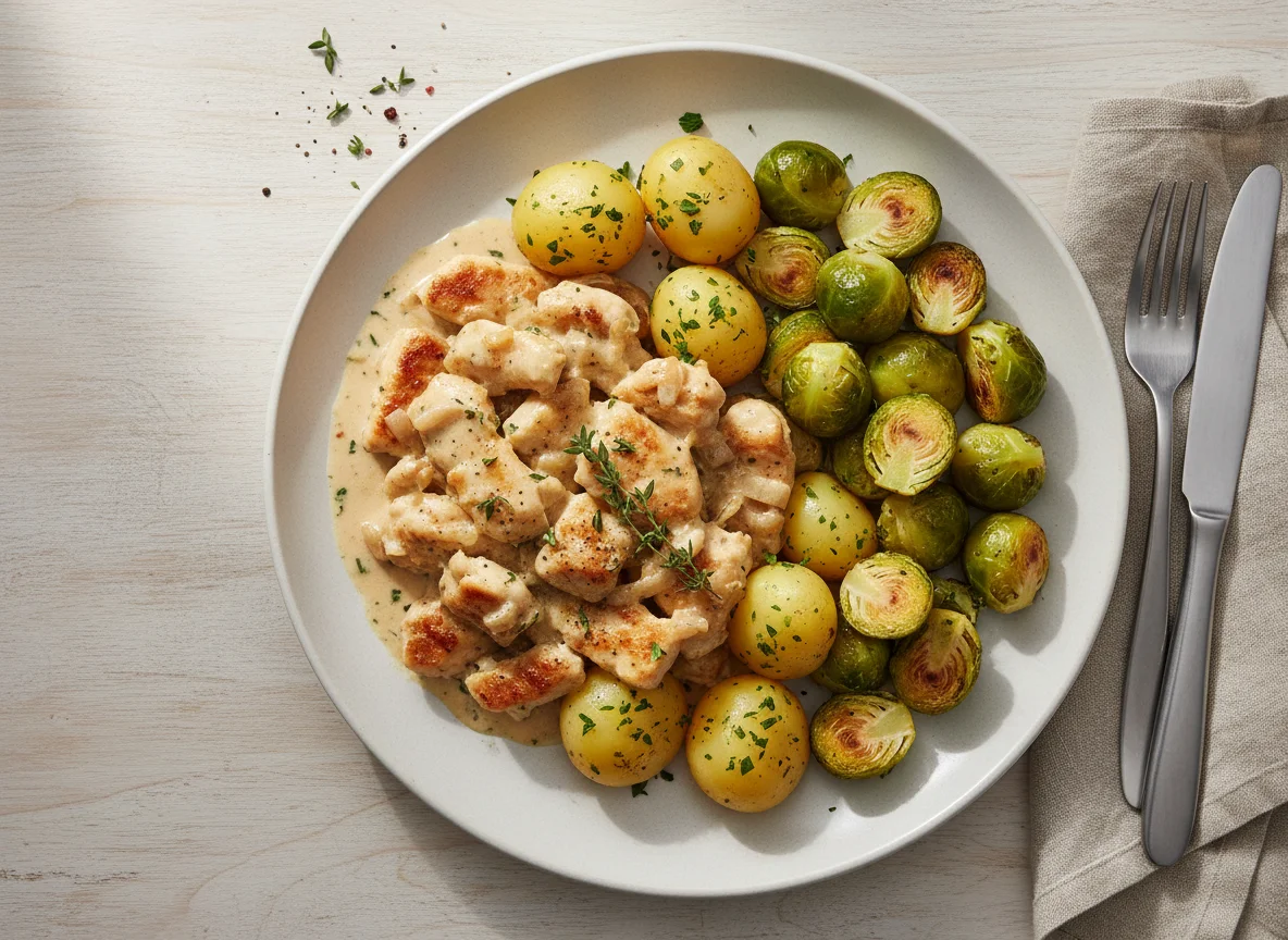 Hähnchengeschnetzeltes mit Rosenkohl und Kartoffeln photo