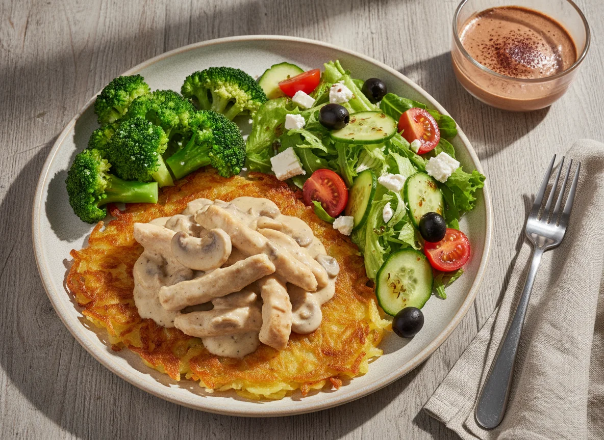Hähnchengeschnetzeltes mit Rösti, Brokkoli und Salat photo