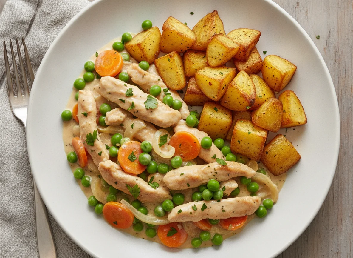 Hähnchengeschnetzeltes mit Sahnesauce und Gemüse photo