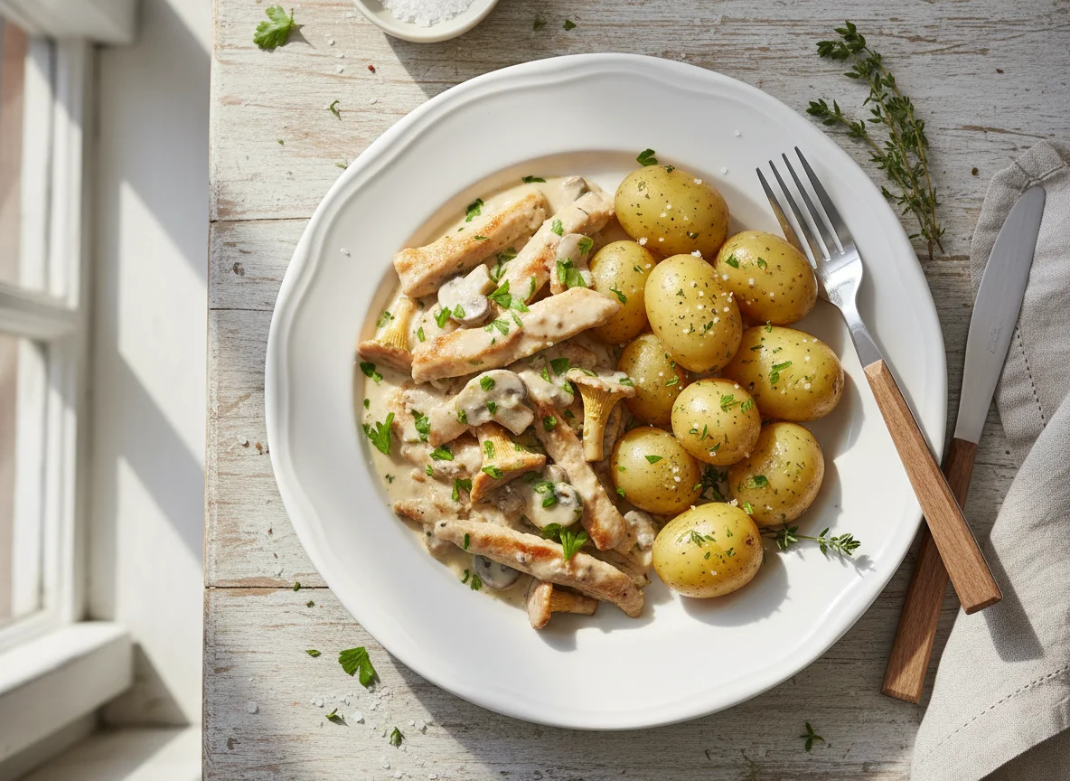 Hähnchengeschnetzeltes mit Salzkartoffeln photo