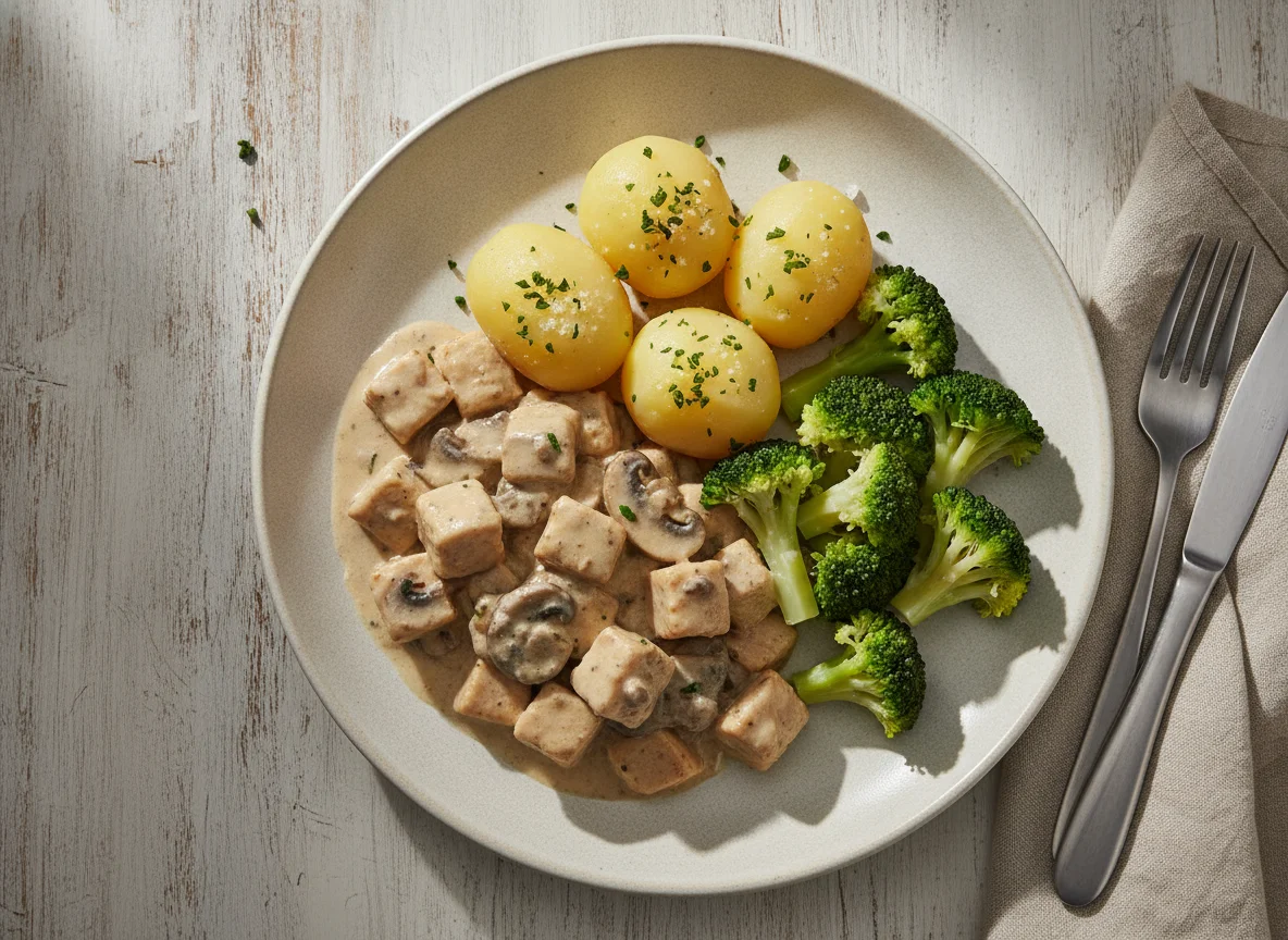 Hähnchengeschnetzeltes mit Salzkartoffeln und Brokkoli photo