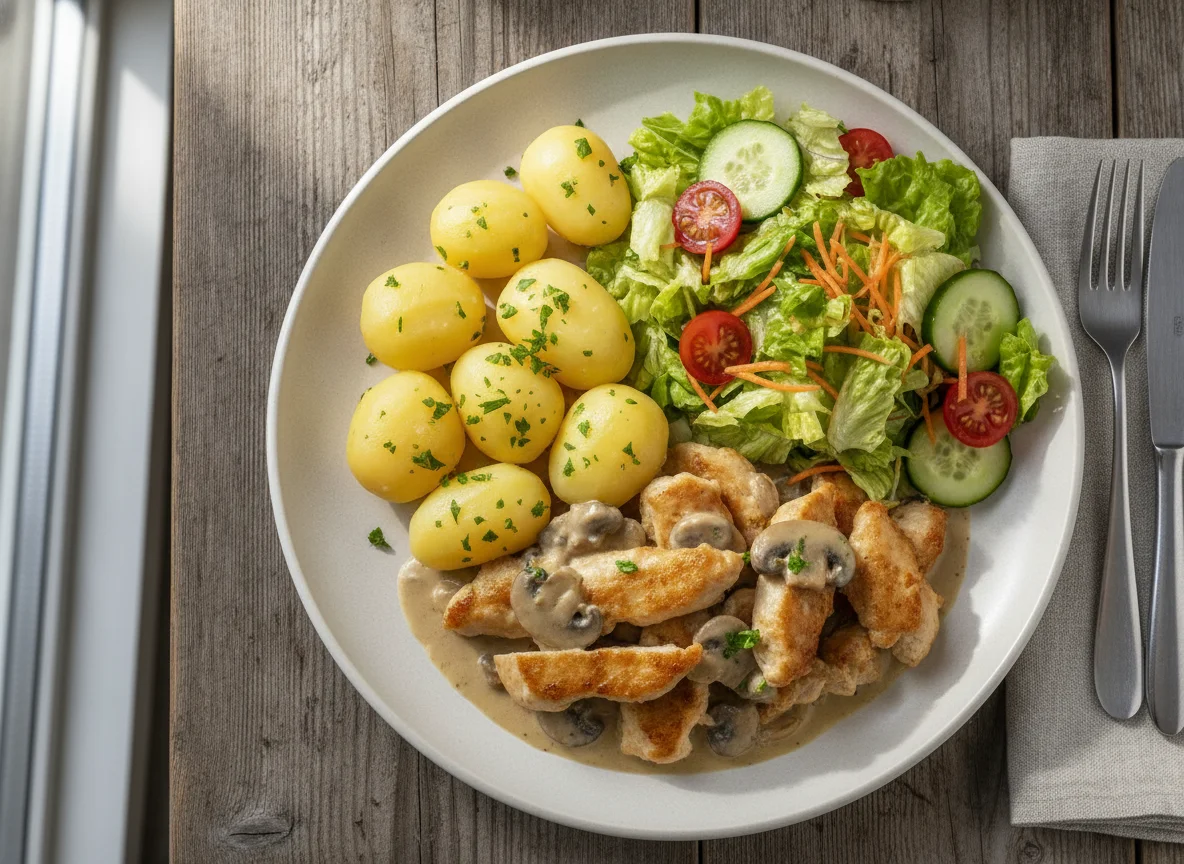 Hähnchengeschnetzeltes mit Salzkartoffeln und gemischtem Salat photo