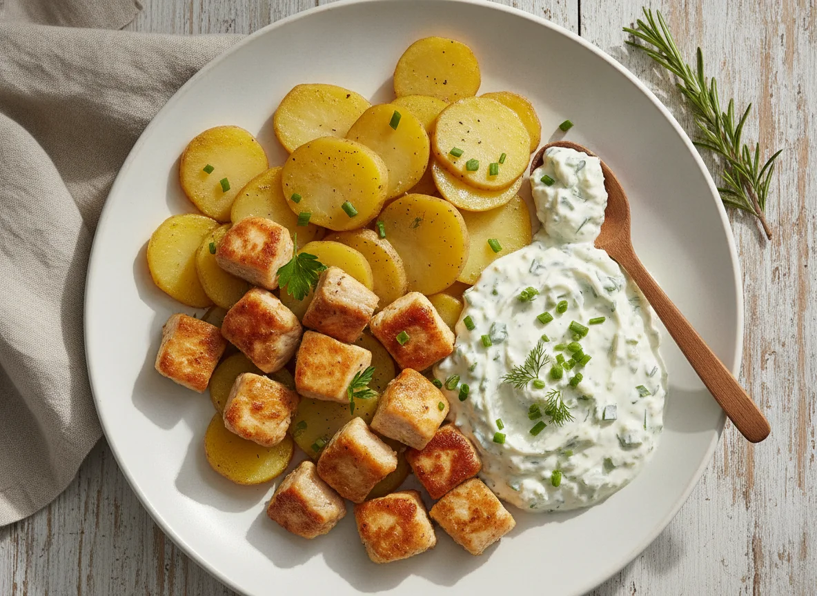 Hähnchengeschnetzeltes mit Salzkartoffeln und Kräuterquark photo