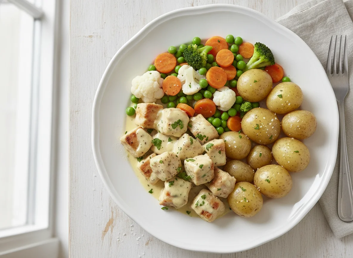 Hähnchengeschnetzeltes mit Salzkartoffeln und Mischgemüse photo