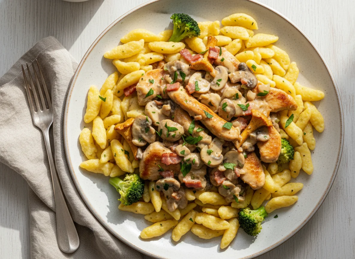 Hähnchengeschnetzeltes mit Spätzle, Brokkoli und Pilzrahmsoße photo